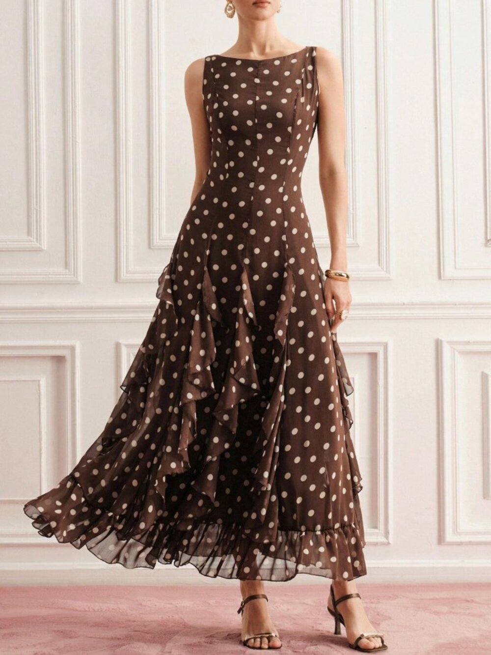 Coffee Elegant Women's Waist Cinched Ruffle Hem polka dot Slim Fit Dress - Picture 2 of 7